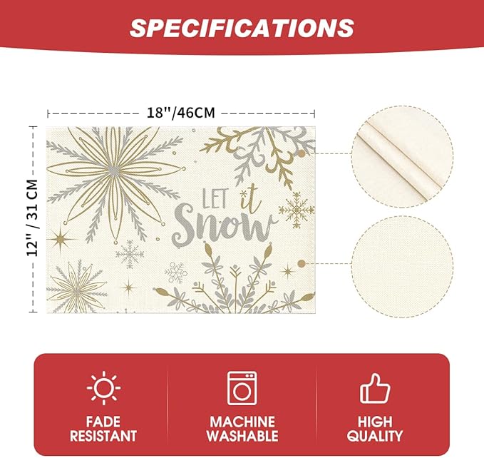 Artoid Mode Beige Snowflake Let It Snow Winter Placemats Set of 4, 12x18 Inch - Image 6