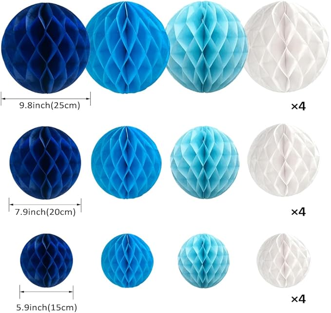 Aiminjey 12Pcs White Blue Paper Honeycomb Flower Balls 6'' 8'' 10'' Decorative - Image 2