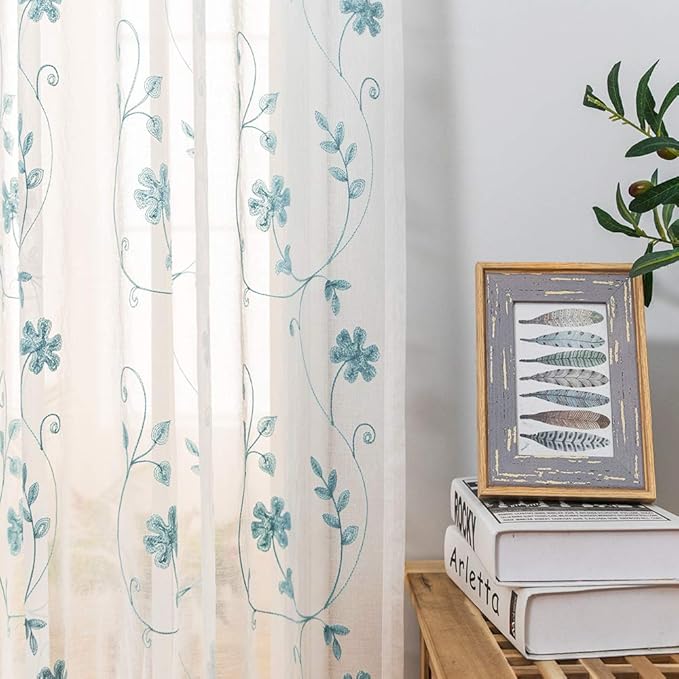 Floral Embroidery Sheer Curtains Blue 95 Inches Long, Window Treatments Rod - Image 4