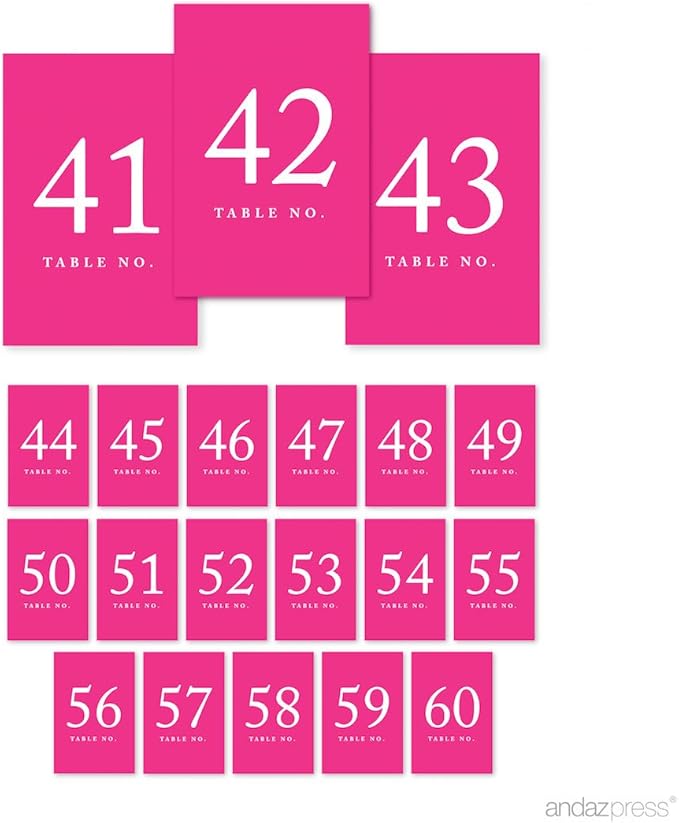 Andaz Press Fuchsia Wedding Table Numbers 41-60, 4x6-Inches Table Number Cards by AndazPress