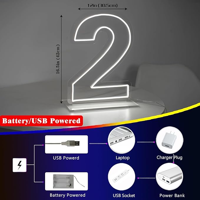 Number 2 Neon Sign for Bedroom, 16.54" Cool White USB Battery Powered Birthday - Image 4