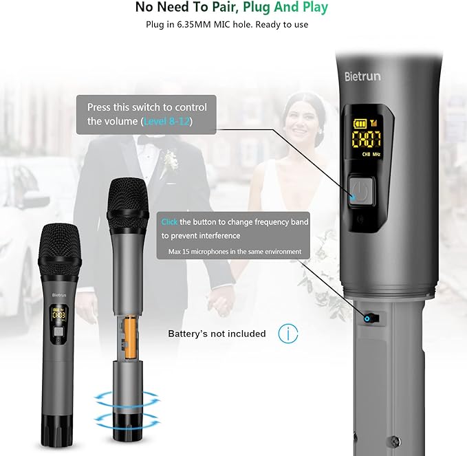 Wireless Microphone, Bietrun UHF Metal Dual Handheld Cordless Dynamic Mic System - Image 6