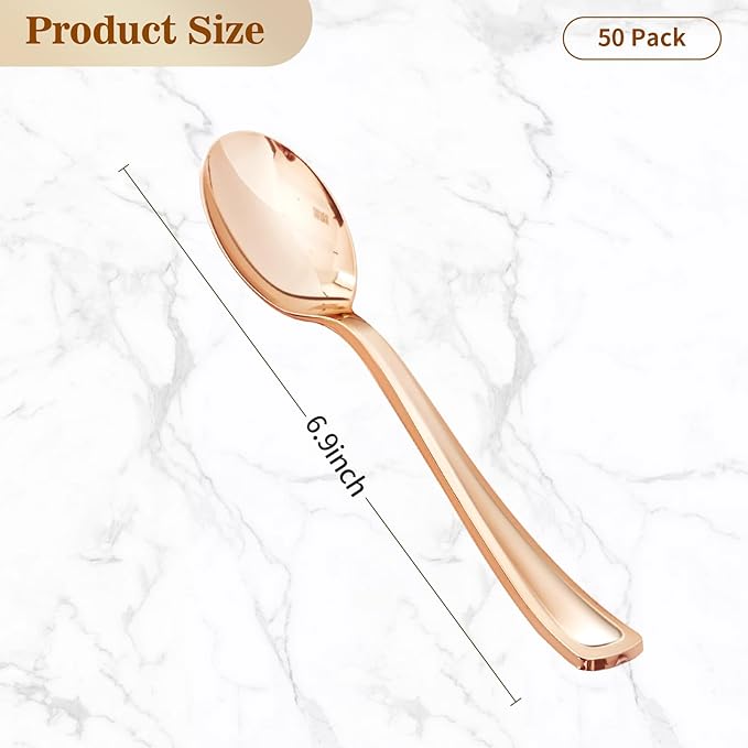 BESTVIP 50 Pack 6.9 Inch Rose Gold Plastic Spoons, Heavy Duty Plastic Silverware - Image 2