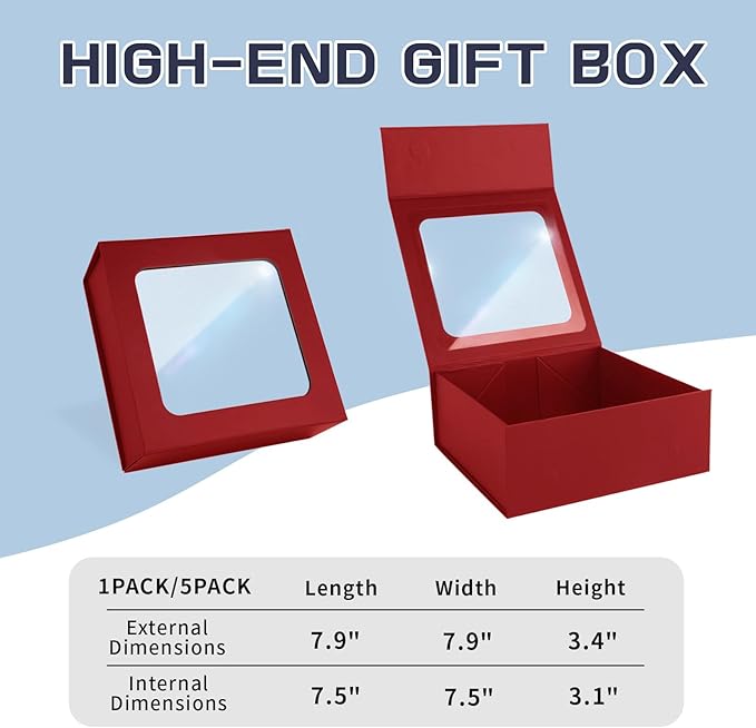 Red Gift Boxes with Window, 7.5"x7.5"x3.1" Bridesmaid Boxe - Image 2