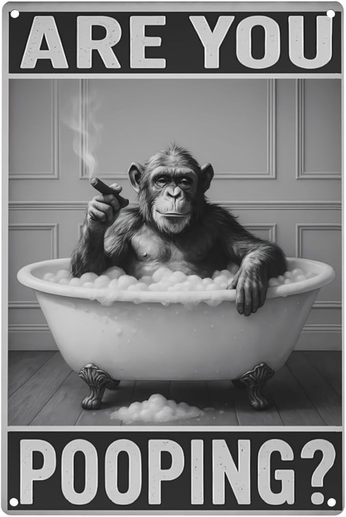 Bathroom Decor Wall Art – Funny Chimpanzee in Bathtub Tin Sign, 8x12 Inch Black - Image 2