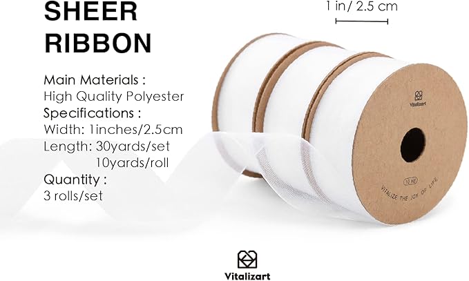 Vitalizart White Ribbon Organza Sheer Ribbon 1 inch x 30 Yd Handmade Fabric - Image 2