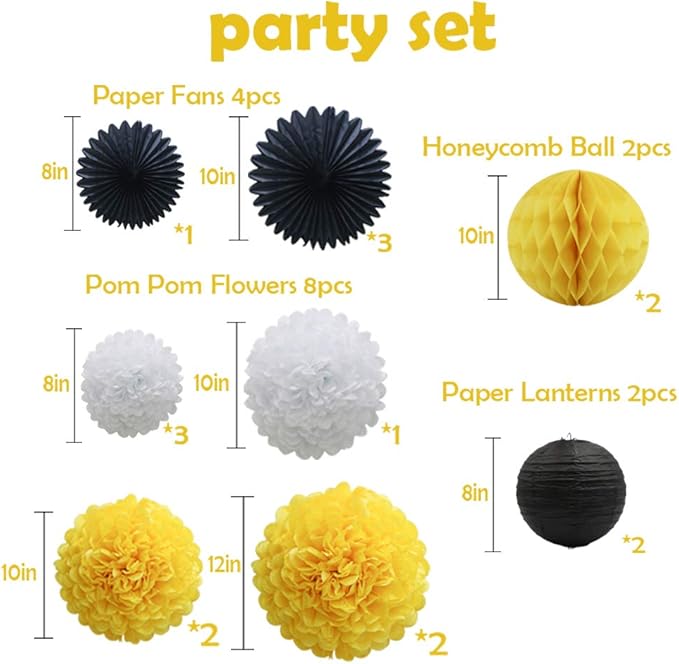 Yellow White Black Party Decorations 16pcs Paper Pom Poms Honeycomb Balls - Image 2