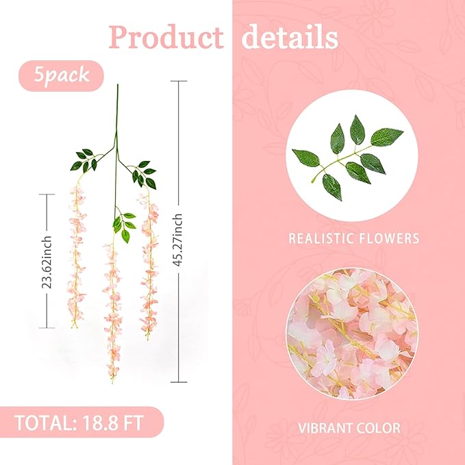 5 Pack Light Pink Wisteria Hanging Flowers Garland, 3.77 Feet Artificial Flower - Image 2
