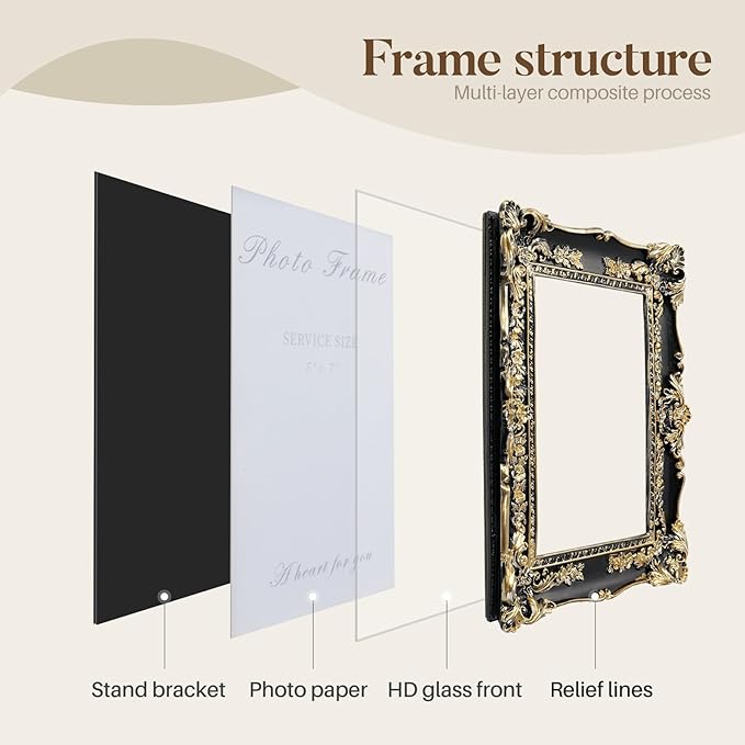 Cuspin Vintage Black and Gold Picture Frame 5x7, Ornate Baroque Resin - Image 5
