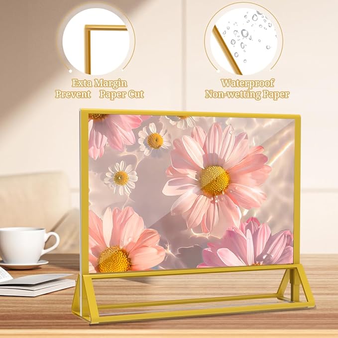 Clear Acrylic Sign Holder 6x 4 Horizontal Double Sided Gold Frame Display Stand - Image 3