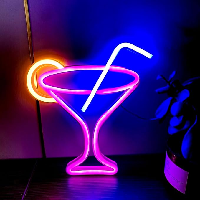 Cocktails Pink Neon Sign, Led Wine Glass Neon Light Battery and USB Dual - Image 4