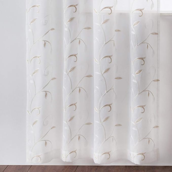 VISIONTEX White Sheer Voile Curtains, Decorative Beige Leaves Embroidery Faux - Image 6