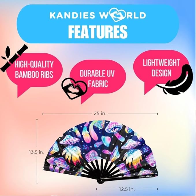Kandies World UV Reactive Custom Festival Folding Hand Fan - Image 2