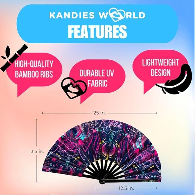 Kandies World UV Reactive Custom Festival Folding Hand Fan - Image 2
