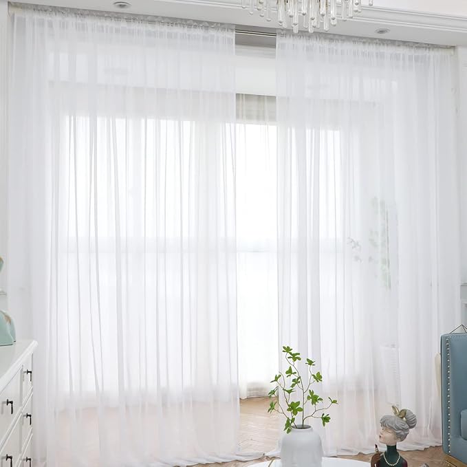 Window White Sheer Curtains 160 Inches Long 2 Panels Sheer White Curtains Basic by L%26TEC