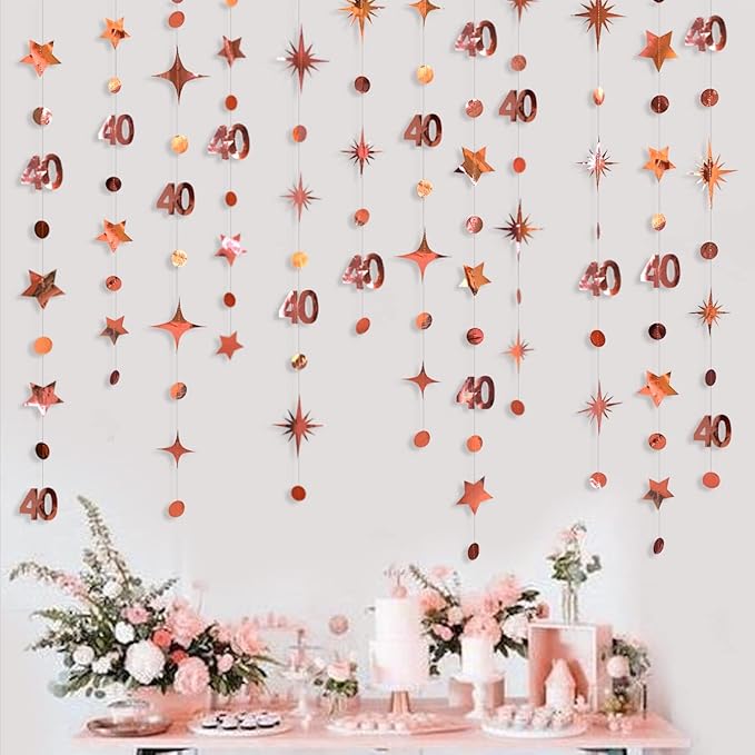 Rose Gold 40th Birthday Decorations Number 40 Circle Dot Twinkle Star Garland - Image 4