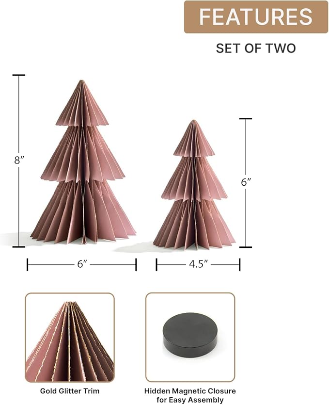 LampLust Pink Tree, 2 Pack Honeycomb Decorations, 6 & 8 Inch Paper Trees - Image 2