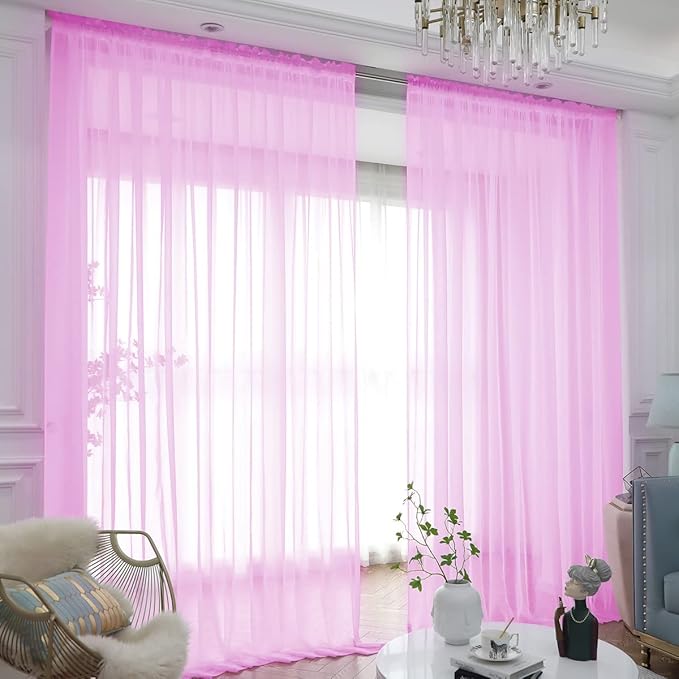 Window Pink Sheer Curtains 63 Inches Long 2 Panels Sheer Curtain Basic Rod by L%26TEC