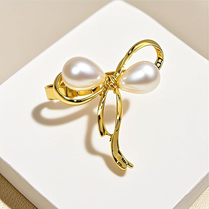 Gold Napkin Rings Set of 8 Pearl Bow Napkin Rings - Image 9