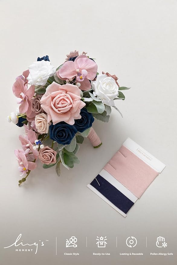 Ling's moment Pink Blue Bridal Bouquet Cascading, Dusty Rose Navy Wedding - Image 6
