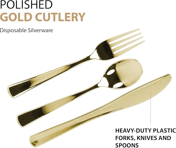 Gold Plastic Silverware Set, Extra Heavy Duty Flatware, Disposable Cutlery - Image 4