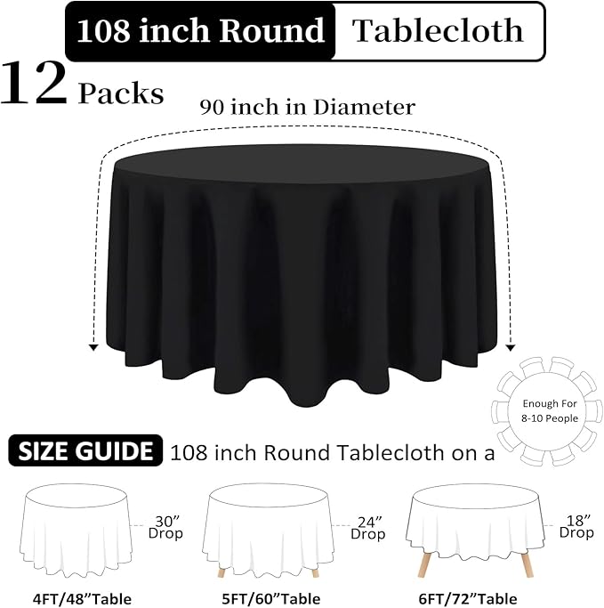 12 Pack Black Round Tablecloth 108 Inch Black Table Cloth Stain and Wrinkle - Image 2