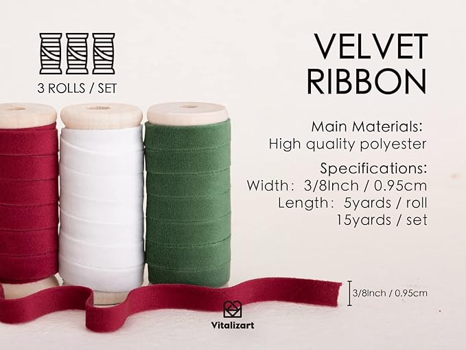 Vitalizart Christmas Velvet Ribbon Set 3/8" x 15 Yd Wooden Spool Fabric Trim 3 - Image 2