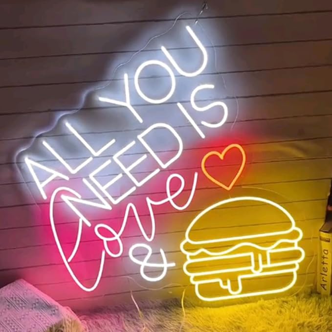 All You Need Is Love & Burger Custom Hamburger Fast Food LED Neon Sign Night - Image 3