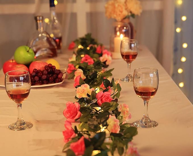 JUSTOYOU Artificial Rose Garland Vines Pink Flowers Hanging Silk Rose Vine - Image 3