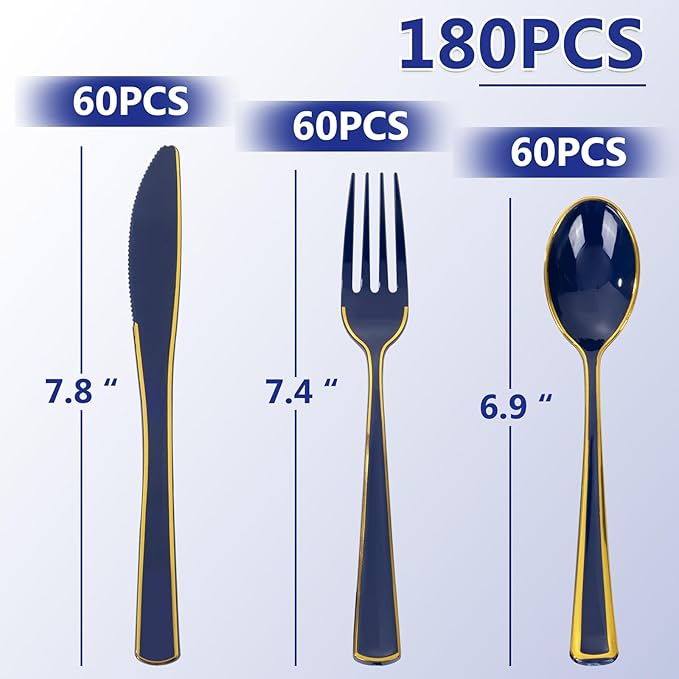 WDF 180PCS Blue Plastic Silverware -Blue and Gold Plastic Cutlery 60 Forks - Image 8