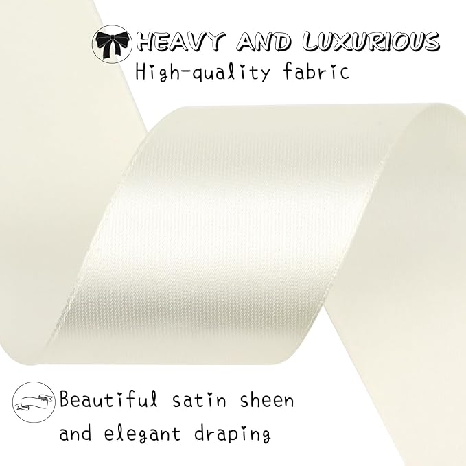 Rice White Solid Satin Ribbon 1-1/2 Inch 50 Yards Solid Polyester Fabric Ribbon - Image 3