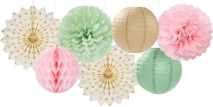 Sage-Green Pink-Champagne Party-Decorations Streamers Lanterns - Image 4