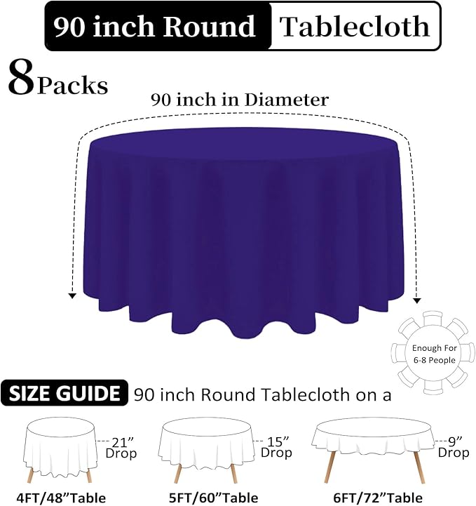 8 Pack Purple Round Tablecloth 90 Inch Stain and Wrinkle Resistant Round Purple - Image 2