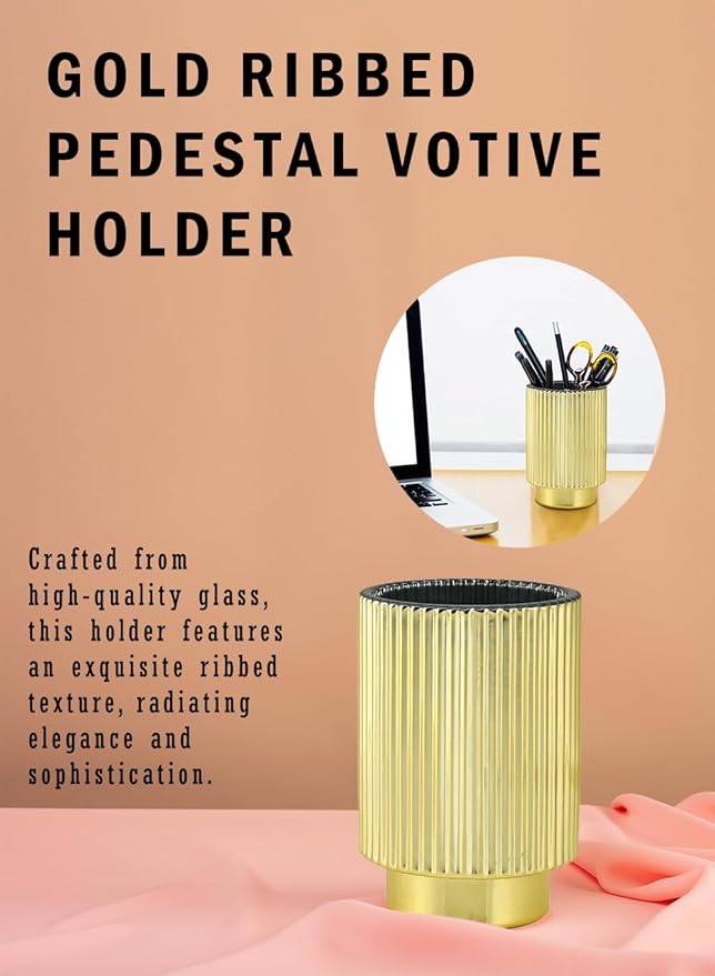 Serene Spaces Living Gold Ribbed Pedestal Glass Votive Holder, Table Centerpiece - Image 6