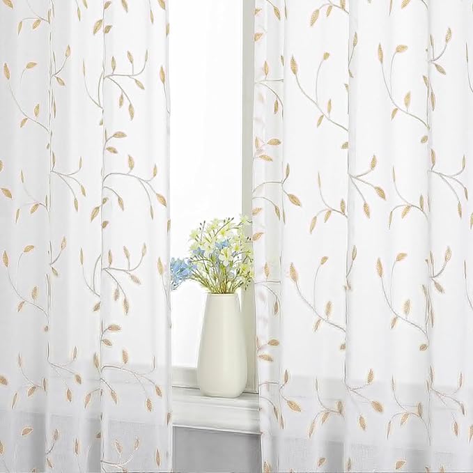 VISIONTEX White Sheer Voile Curtains, Decorative Orange Leaves Embroidery Faux - Image 5