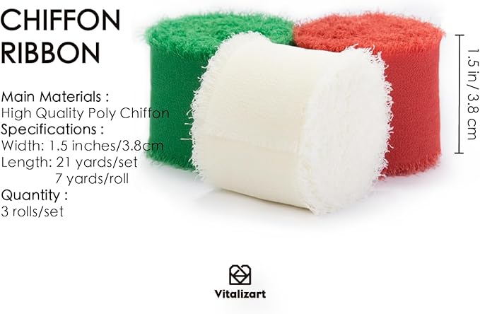 Vitalizart Christmas Handmade Chiffon Silk Ribbon Fringe 1.5" x 21 Yd Frayed - Image 2