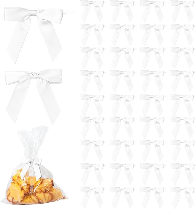 50Pcs White Twist Tie Bows for Gift Wrapping 2.5" Satin Ribbon Bow for Treat by TULOBI