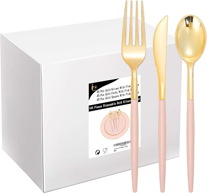 I00000 144Pcs Pink Plastic Silverware, 48 Knives and 48 Spoons Perfect by I00000