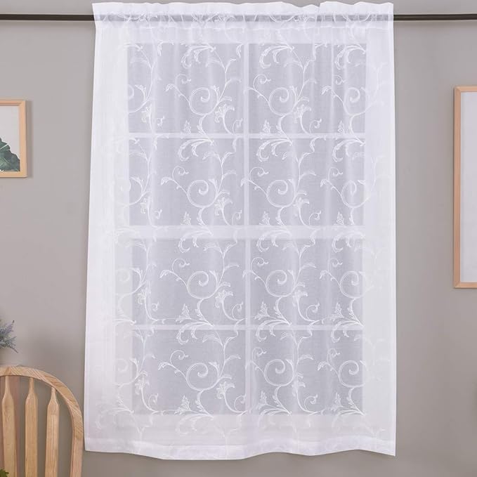 Sheer Curtains White 63 Inch Embroidered Floral, Rod Pocket Voile Drapes - Image 8