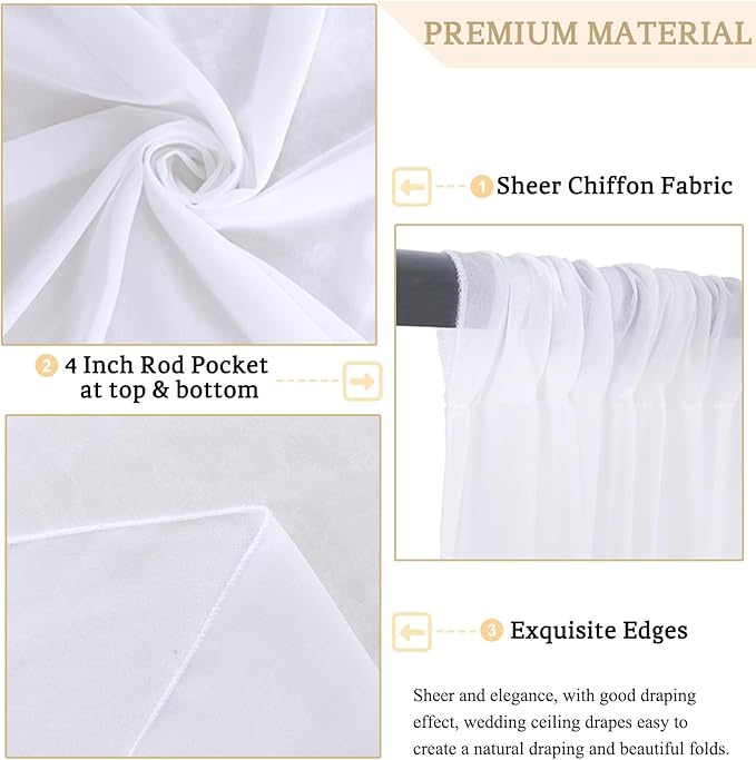 MODFUNS Ceiling Drapes for Parties White Sheer Chiffon Curtains 5x30FT 6 Panels - Image 4