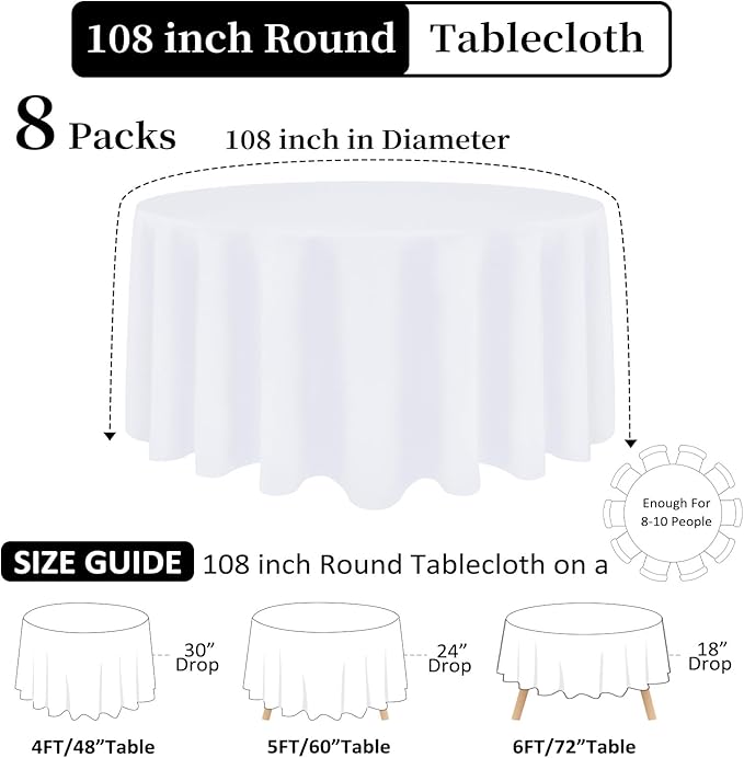 8 Pack White Round Tablecloth 108 Inch White Table Cloth Stain and Wrinkle - Image 2