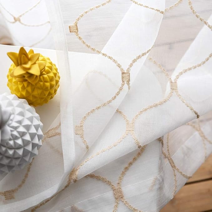 Sheer Curtains Gold 95 Inches Long, Embroidered Wave Diamond Window Treatments - Image 2
