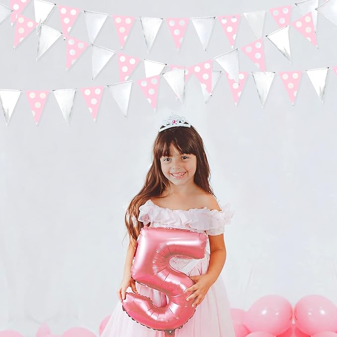 30 Ft Silver Pink Polka Dot Pennant Banner Blush Paper Circle Dot Triangle - Image 4