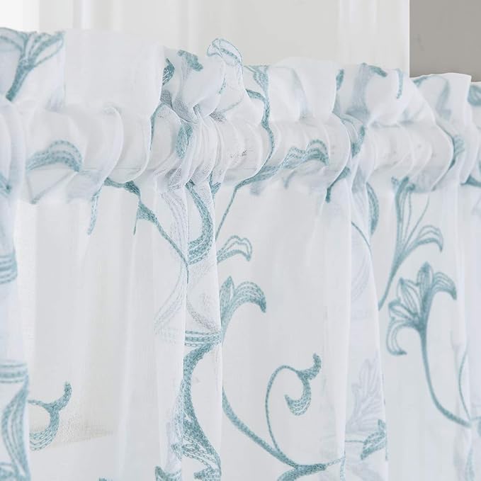Embroidery Blue Sheer Curtains 84 Inches Long, Rod Pocket Sheer Drapes - Image 2
