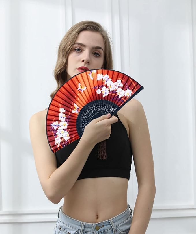 Amajiji Folding Hand Fan for Women, Chinese Japanese Vintage Style Bamboo Silk - Image 3