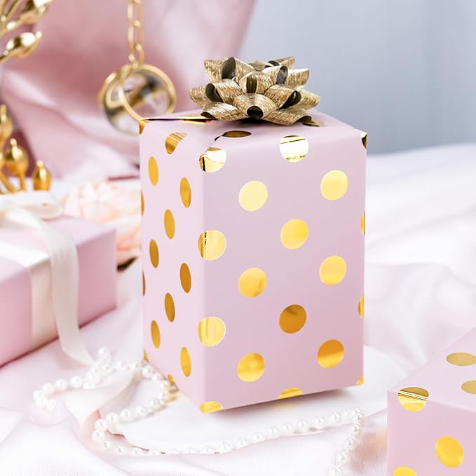 Burymento Pink and Gold Dots Wrapping Paper, Reversible Pink Gift Wrap - Image 3