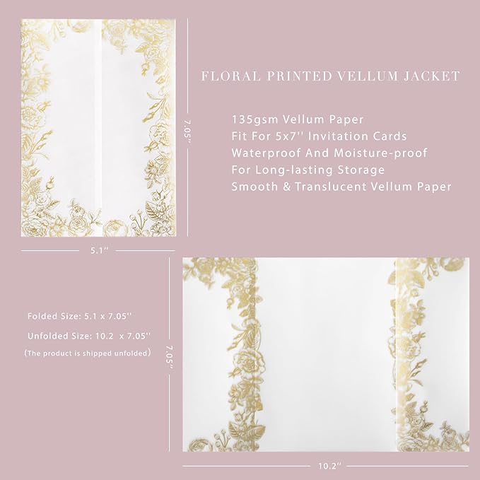 PONATIA 50 PCS Vellum Jackets for 5x7 Invitations- 135gsm Gold Foil Print - Image 4