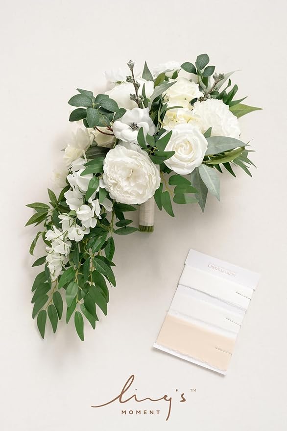 Ling's Moment White Bridal Bouquet Cascading, Ivory Wedding Bouquets - Image 6