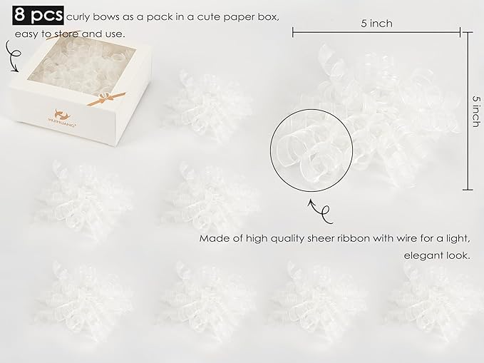 HUIHUANG White Bows for Gift Wrapping Christmas Curly Gift Bows 5 inch x 8 - Image 2