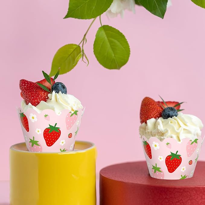 Whaline 36Pcs Strawberry Cupcake Wrappers Red Pink Strawberry Flower Cupcake - Image 6